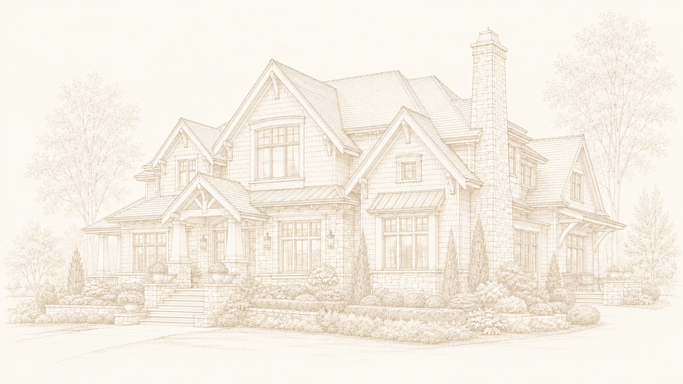 Detailed line illustration of a Portland-area craftsman home Inspectek West inspects