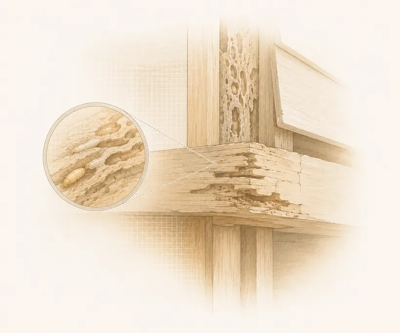 Cutaway showing wood-destroying pest and dry rot damage in framing