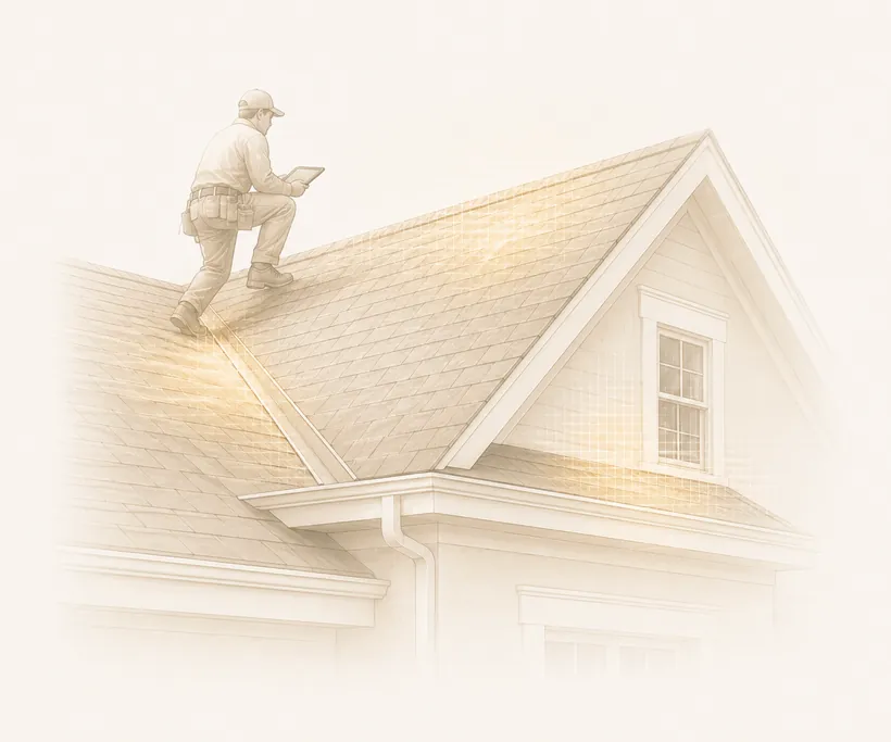 Inspector walking a residential roof checking shingles and flashing